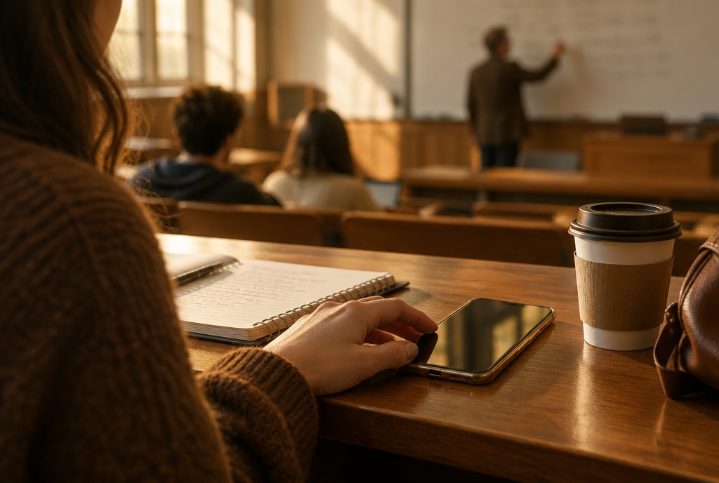 A student's phone recording a lecture on a wooden desk while the professor writes on the board behind them