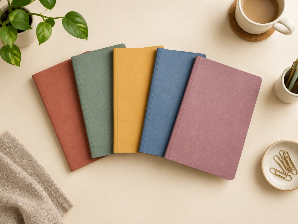 Five color-coded notebooks fanned out on a desk, one per subject