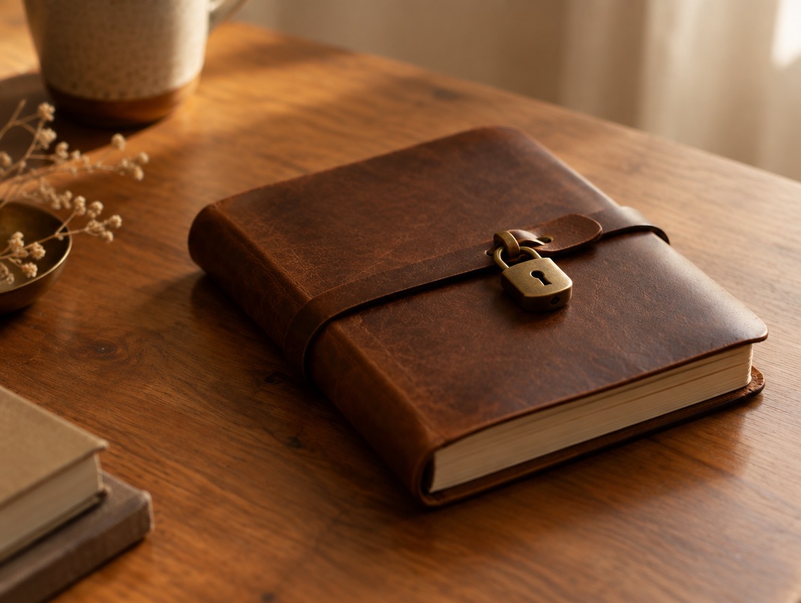 A closed leather journal with a small brass lock, resting on a wooden desk