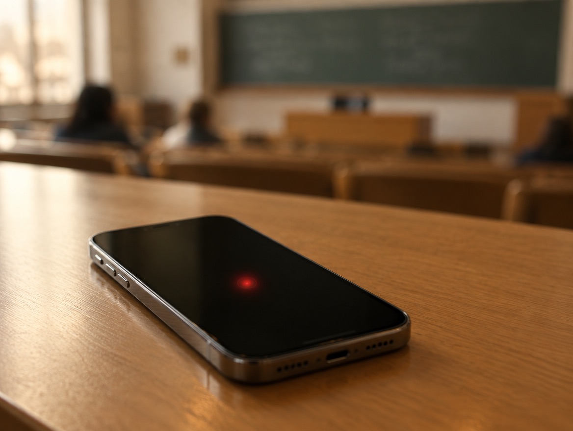 An iPhone recording, lying screen-up on a lecture hall desk with a chalkboard blurred in the background