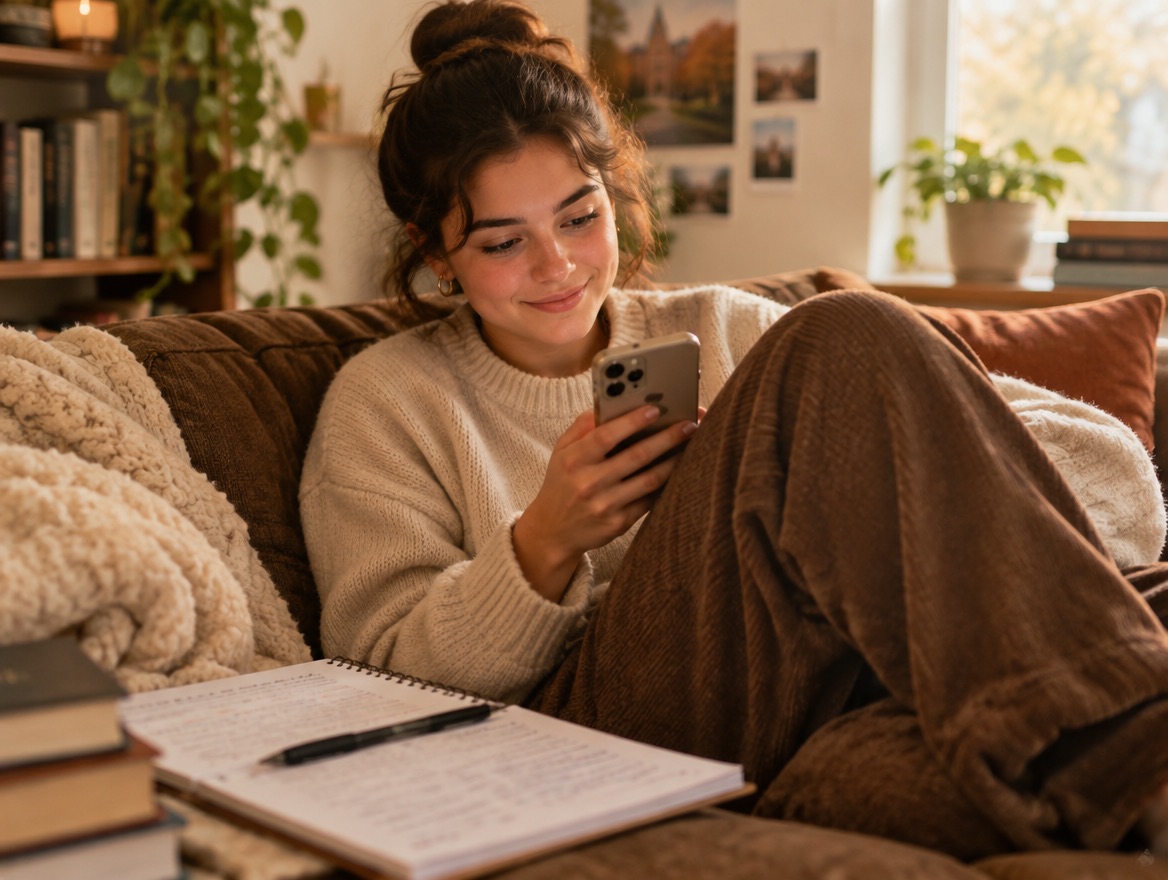 A student relaxed on a couch, smiling while reading their notes on their phone
